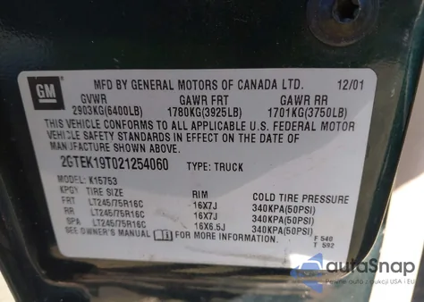 2002 GMC Sierra 1500 Sl из США, поврежденный, VIN 2GTEK19T021254060